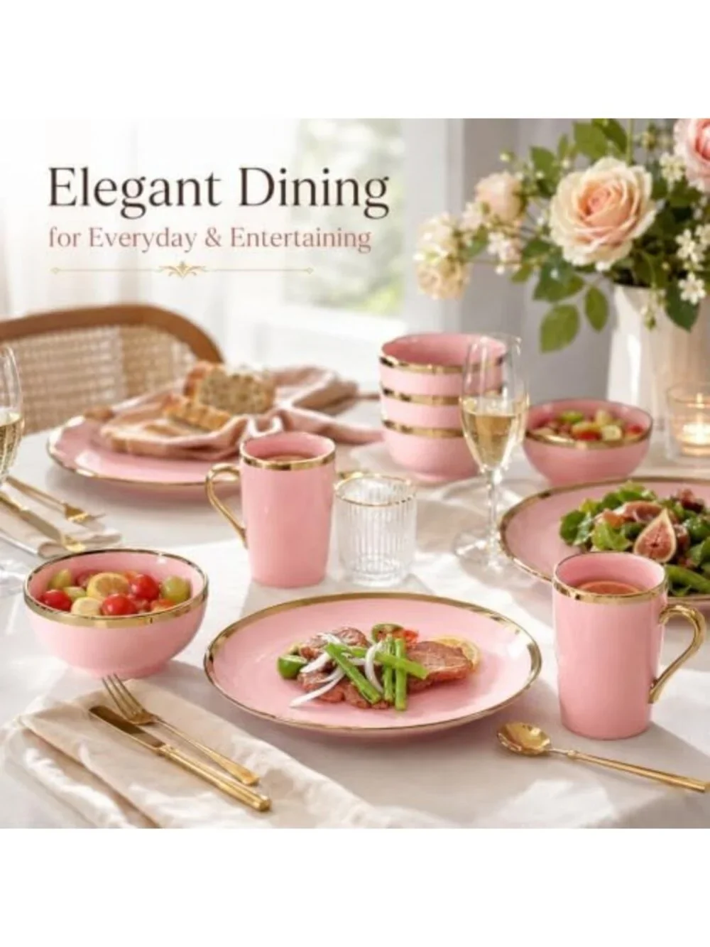 Elegant Pink and Gold Porcelain Dinnerware Set for 4 | 16-Piece Gold Rim